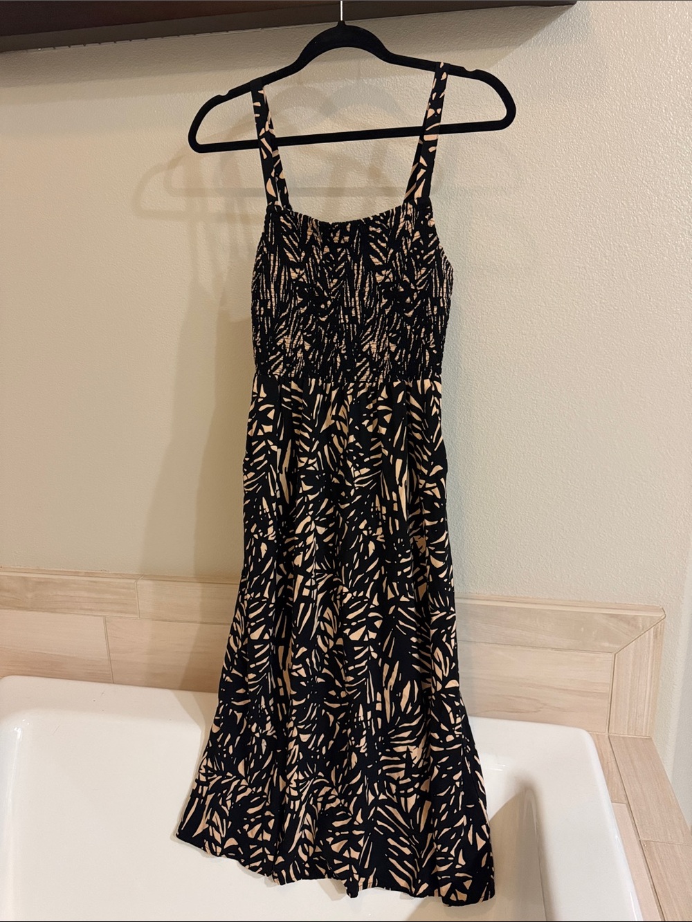Black and Beige floral smocked midi dress with pockets